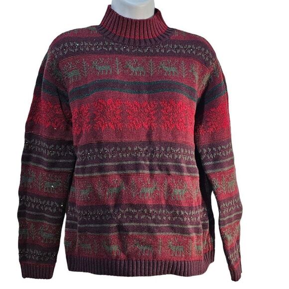 Vintage 90s Talbots Sweater Womens Size M Red Moose Holiday Fair Isle Mock Neck - Picture 1 of 9